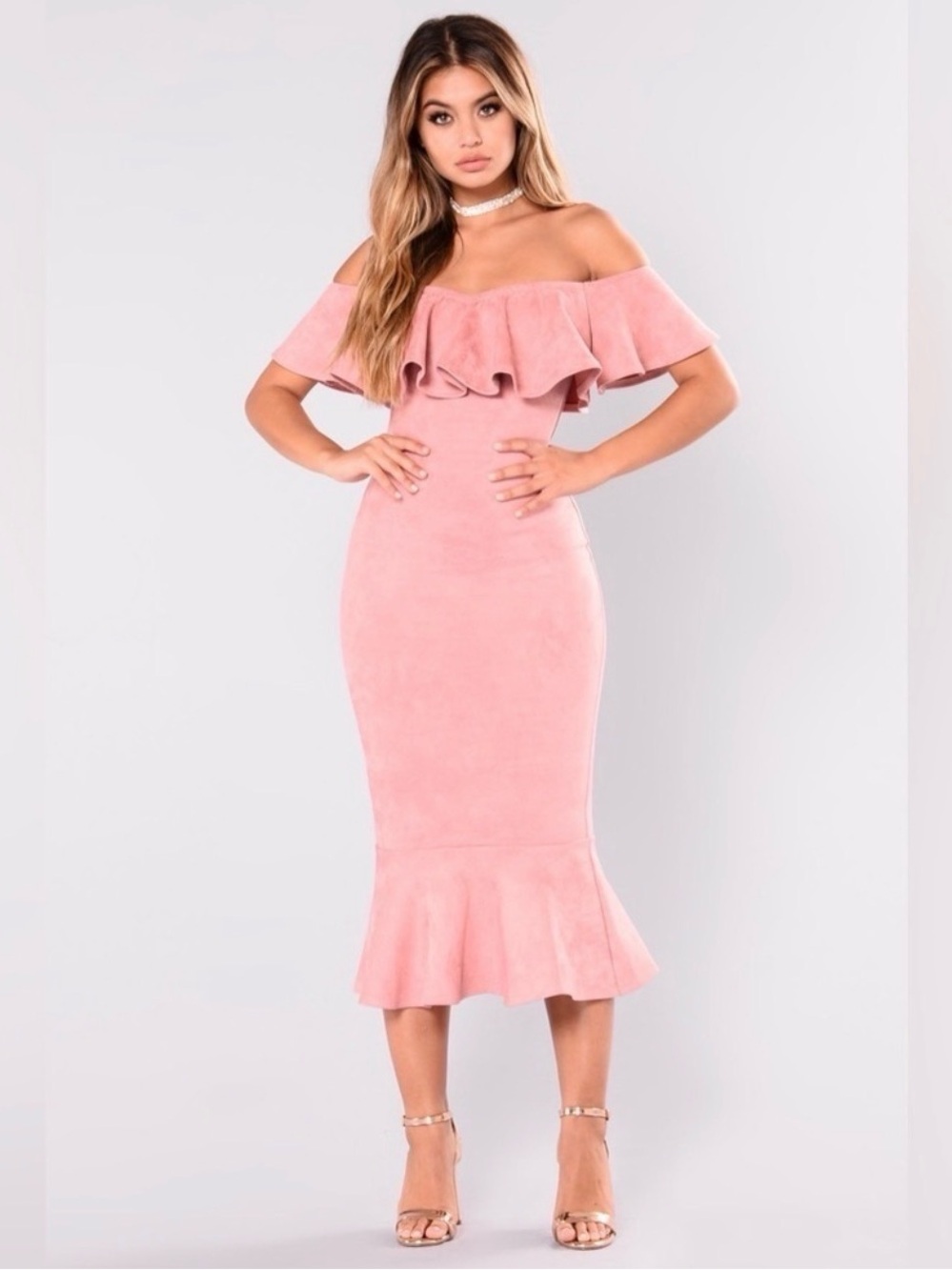 Fashion Nova Blush Off-Shoulder Ruffle Midi Dress